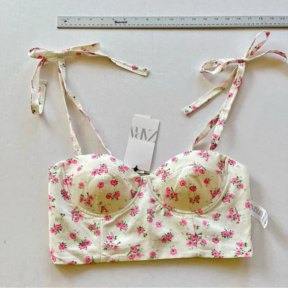NWT Zara pink white floral crop top L - Picture 9 of 11